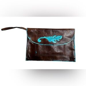 Brown genuine Leather Clutch with Turquoise Feather Accent